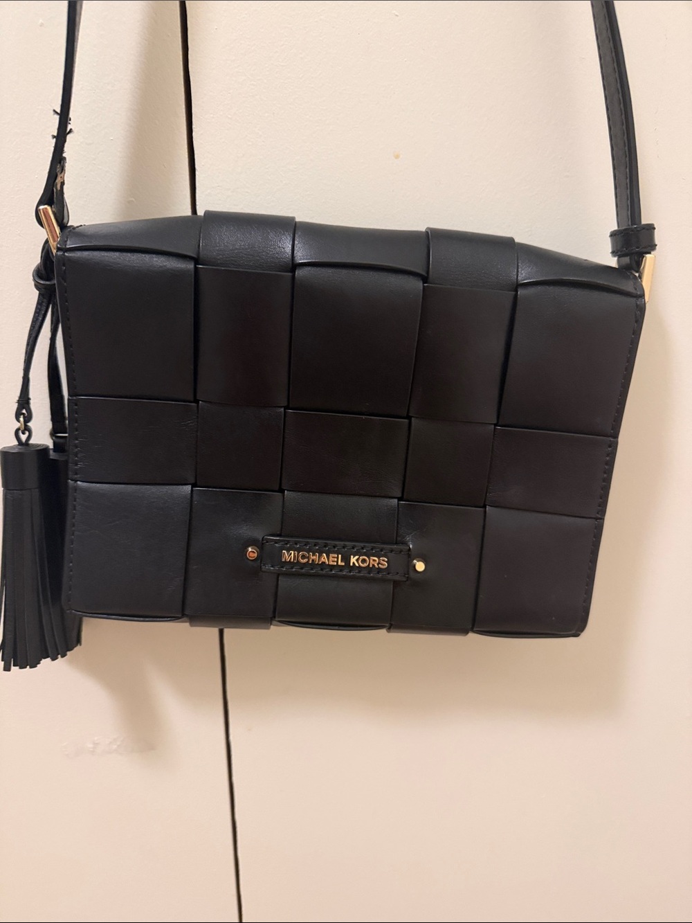 Michael Kors Black Woven Leather Crossbody with Tassel
